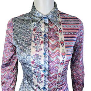 Jantzen Vintage 70s Disco Shirt Women Small Pink Blue 6 Collar Blouse Top Nylon